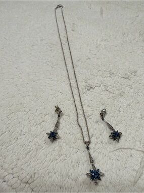 Sterling Silver Enhanced Blue & White Star Pendant Necklace W/ Matching Earrings
